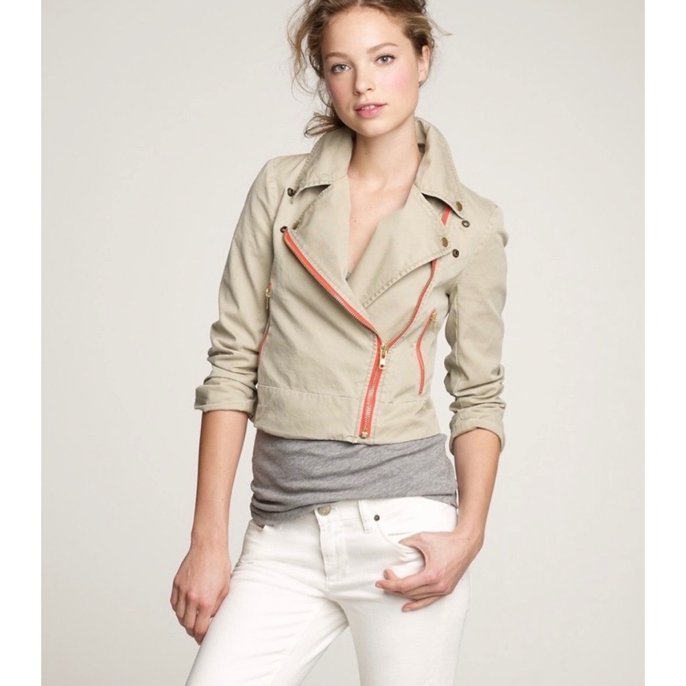 J.Crew Womens Gray Cotton Twill Moto Jacket Red Zip Detail Size 2 RN77388